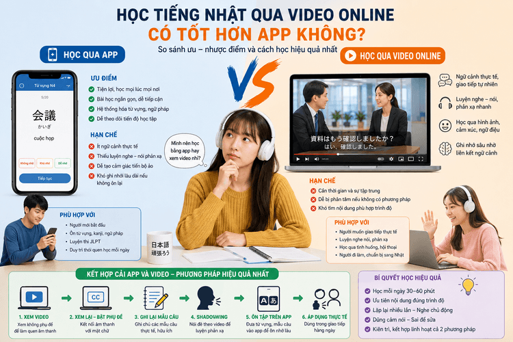 Học tiếng Nhật qua video online có tốt hơn app không?